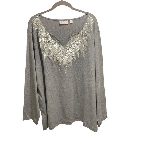 Quaker Factory Womens Gray Sequined V Neck Top 3X Boho Luxe Casual Glam Party - Picture 1 of 7